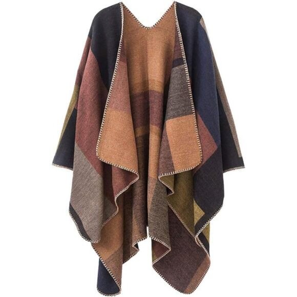 Women's Plaid Sweater Poncho Cape Coat Open Front Blanket Shawls and Wraps - Picture 1 of 7